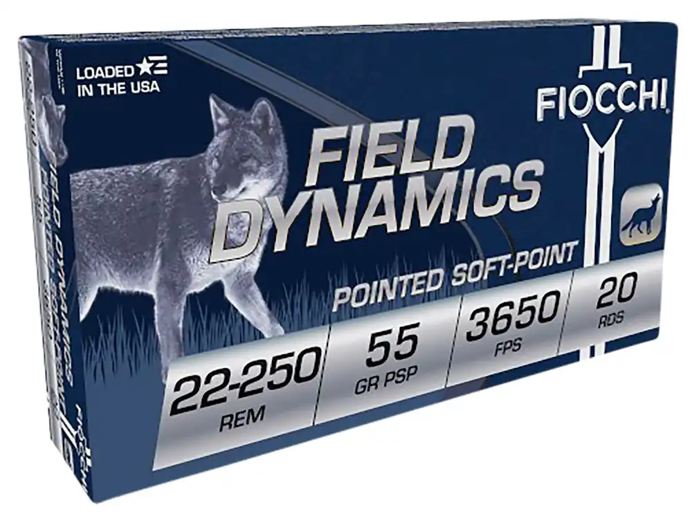 Fiocchi Field Dynamics 22-250 Rem Ammo 55 Grain Pointed Soft Point 3650fps 20 Cartridges Per Box