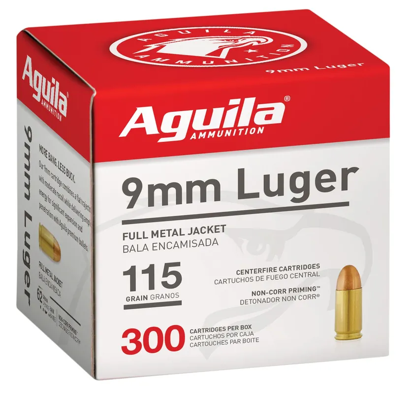 Aguila 1E097700 Centerfire Pistol Ammo 9mm, FMJ, 115 Gr, 1150 fps