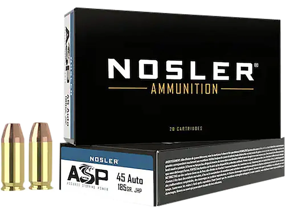 Nosler Assured Stopping Power Handgun 45 ACP 185 gr Jacketed Hollow Point 50 Per Box