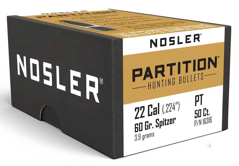 Nosler Partition Spitzer Hunting Bullets .22 Caliber 60 Grain Dual-Core 50 Count 16316