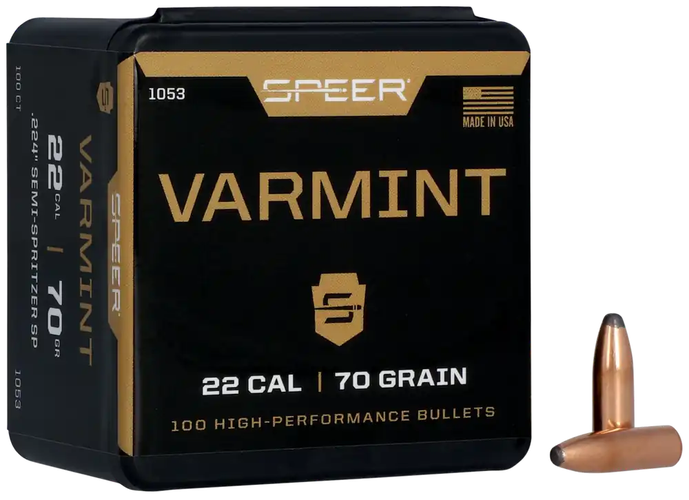 Speer Ammo Varmint Soft Point .224 70gr Jacketed Rifle Bullets, 100 Count 1053