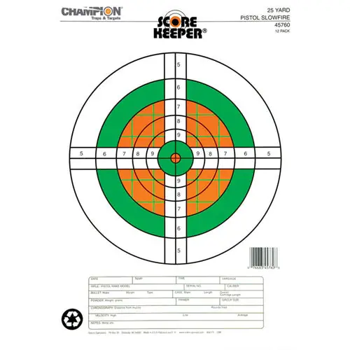 Champion Scorekeeper 25 Yard Pistol Slow Fire Targets, Fluorescent Orange/Green Bullseye, CHA45760