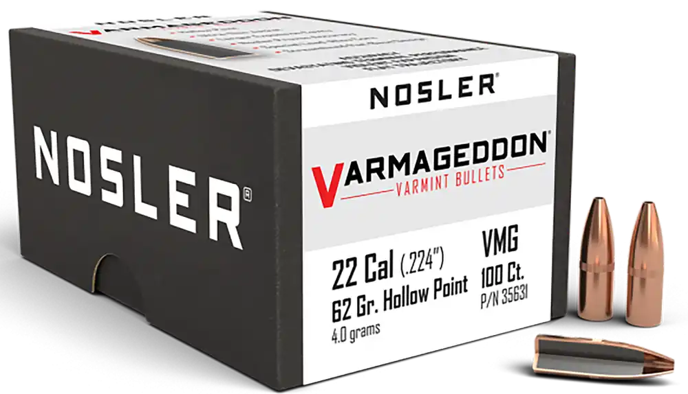 Nosler Varmageddon .224 62gr Flat Base Hollow Point Varmint Reloading Bullets, 100/Box 35631