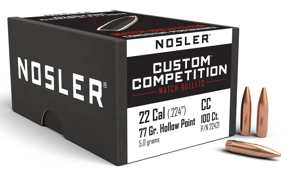 Nosler Custom Competition .224 77gr HPBT Match Bullets, 100 Count - 22421