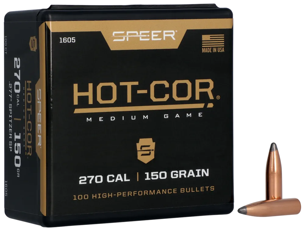 Speer Ammo Hot-Cor .277 Cal 150 Grain Spitzer Soft Point Reloading Bullets, 100ct 1605