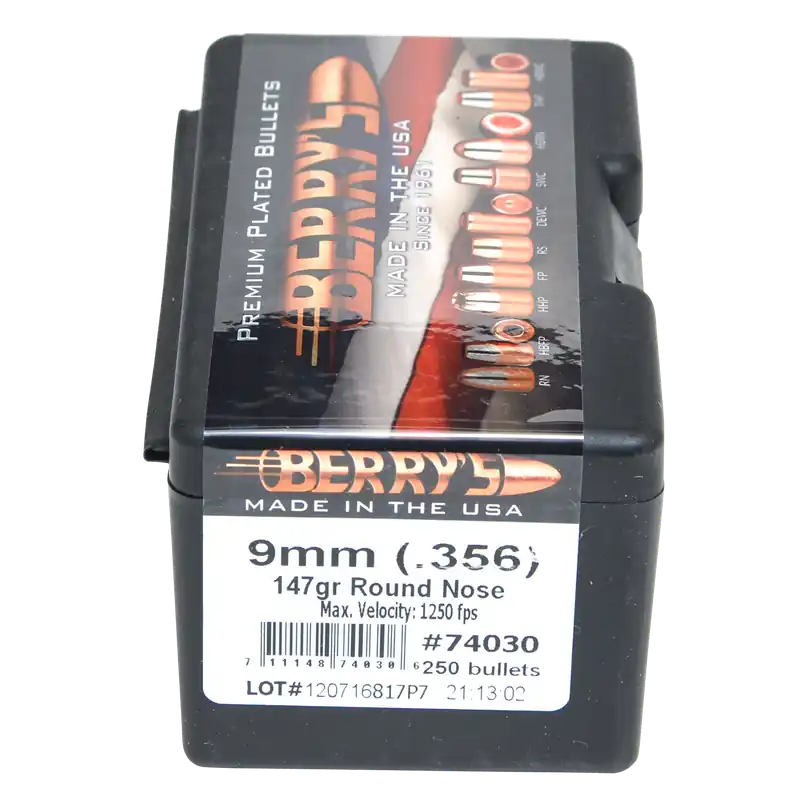 Berry‘s Superior Plated Pistol Bullets, 9mm (.356) 147 Grain Round Nose, 250 Count 74030