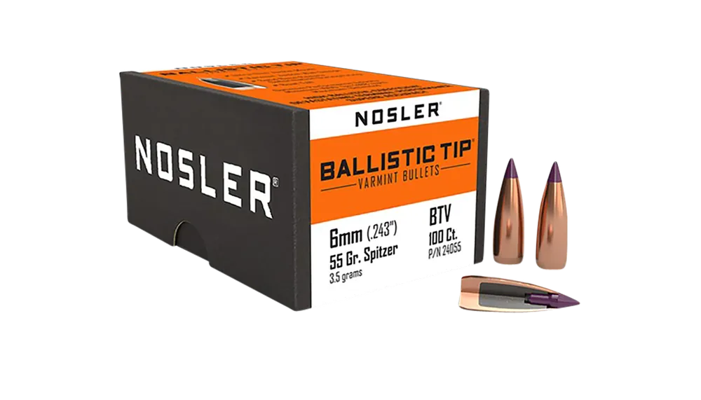 Nosler Ballistic Tip Varmint 6mm (.243) 55gr Spitzer Boat Tail Bullets, 100 Count 24055