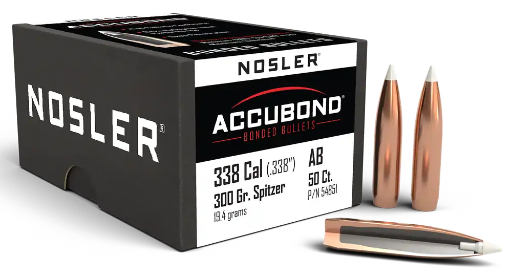 Nosler AccuBond .338 Cal 300gr Spitzer Point Boat Tail Hunting Bullets, 50 Count 54851
