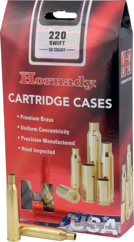 Hornady .220 Swift Unprimed Rifle Brass Cartridge Cases, 50/Box for Reloading 8615