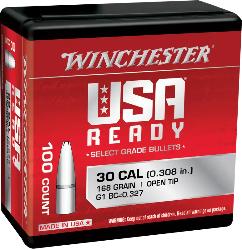Winchester Ammo USA Ready .308 Win 168gr Open Tip Rifle Bullets, 100 Count (10 Boxes/Case) WBR30168