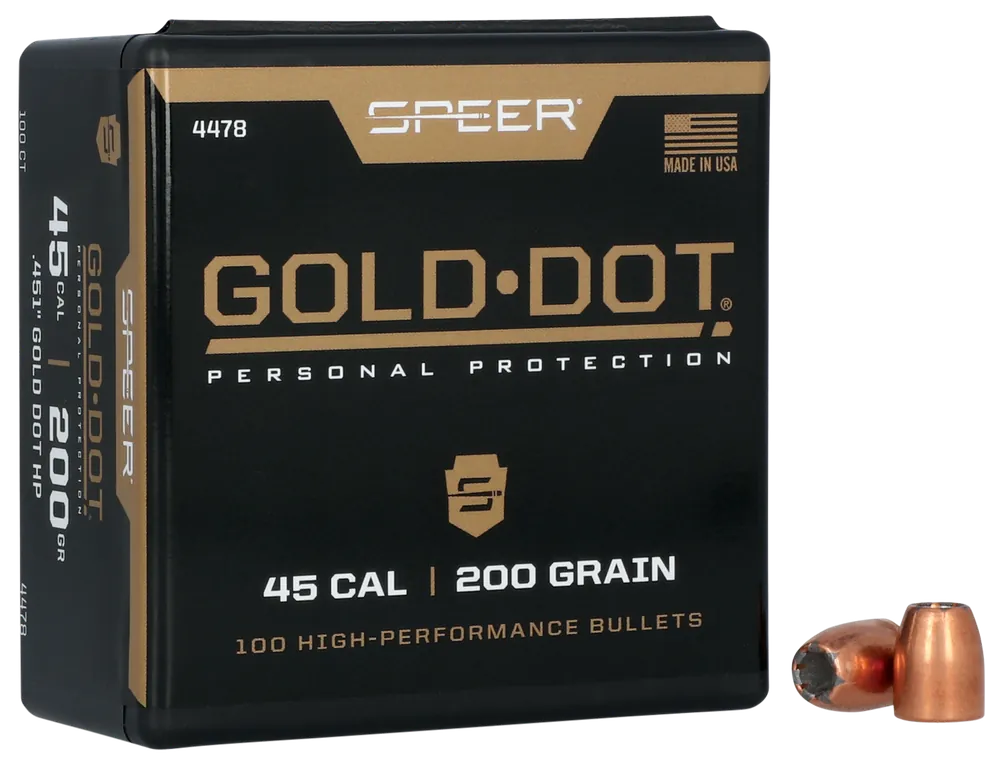Speer Gold Dot .45 Cal (.451) 200gr Bonded Hollow Point Reloading Bullets, 100ct Box 4478
