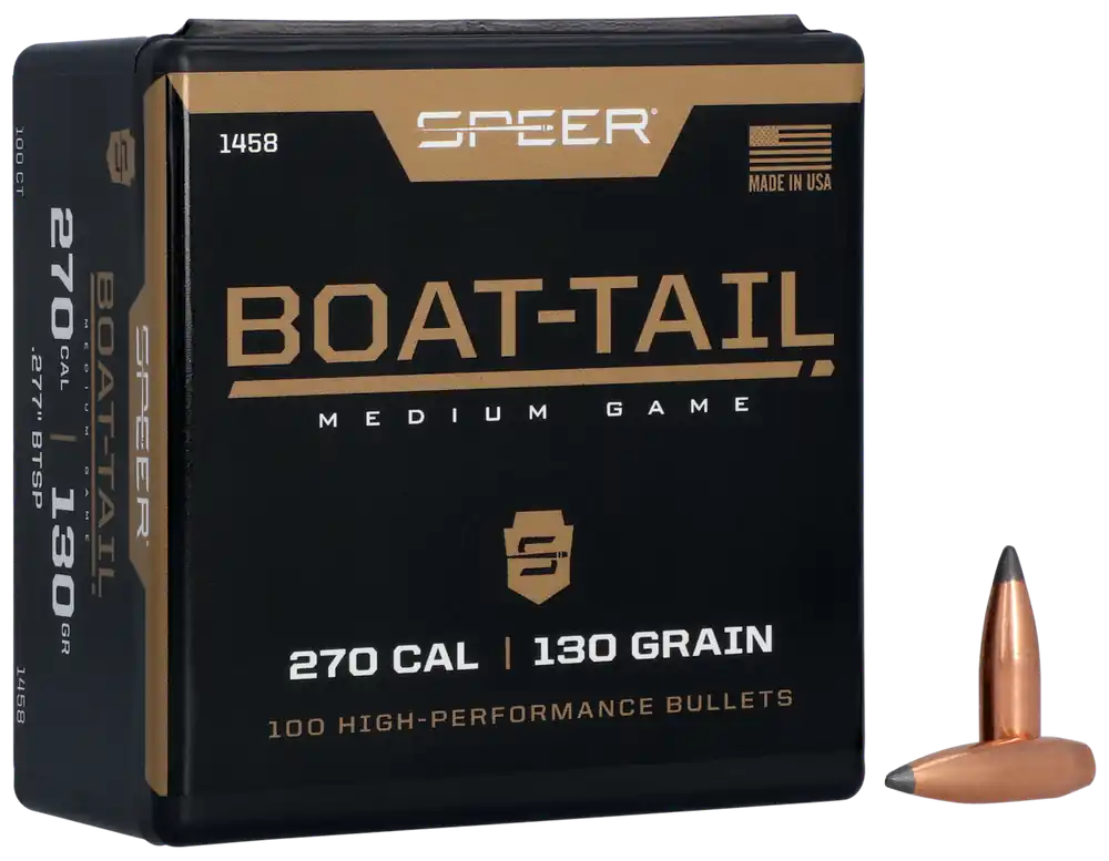 Speer Ammo Boat-Tail .277 Cal 130gr Spitzer Soft Point Rifle Bullets, 100 Count 1458