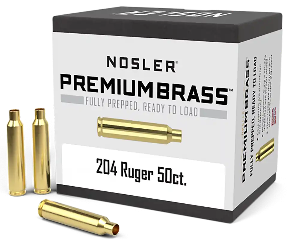 Nosler Premium Unprimed Reloading Rifle Brass Cases for .204 Ruger, 50 Count Box 10056
