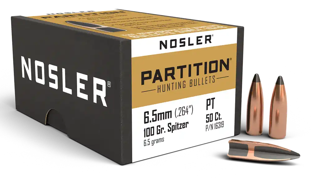 Nosler Partition 6.5mm (.264) 100gr Spitzer Hunting Rifle Bullets, 50 Count 16319