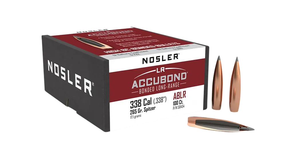 Nosler AccuBond Long Range .338 Cal 265gr Spitzer Boat Tail Rifle Bullets, 100ct 58454