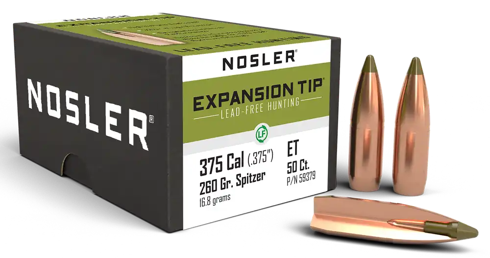 Nosler E-Tip Lead-Free .375 Cal 260gr Spitzer Boat Tail Reloading Bullets, 50/Box 59379