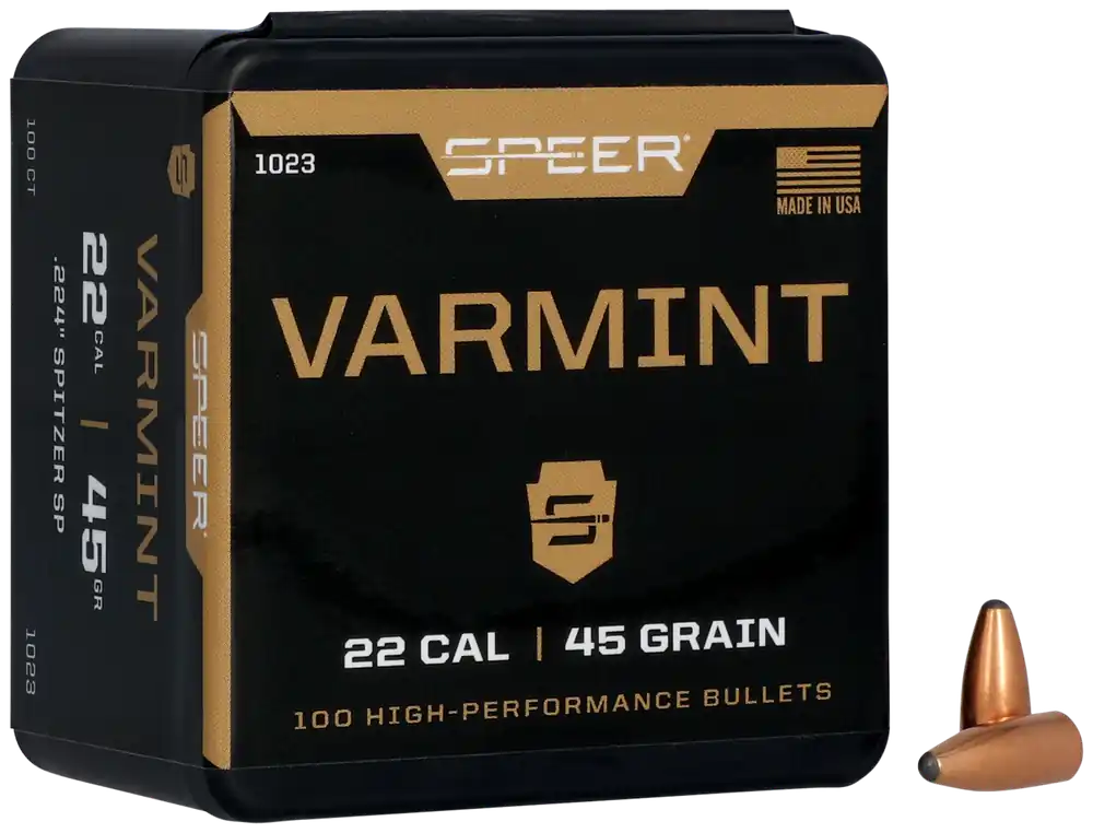 Speer Ammo Varmint .22 Caliber 45 Grain Jacketed Soft Point Spitzer Reloading Bullets 1023