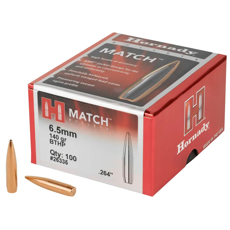 Hornady Match Boat Tail Hollow Point Bullets 6.5mm .264 140gr, 100 Count 26335