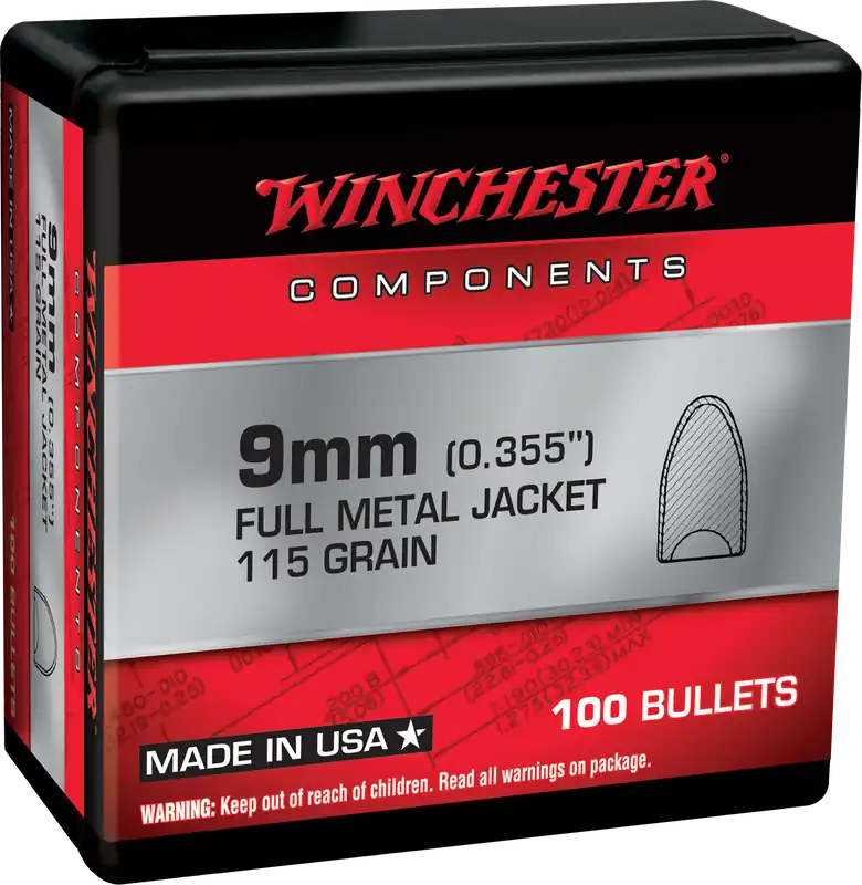 Winchester Ammo 9mm 115gr Full Metal Jacket Flat Base Reloading Bullets, 100 Count WB9MC115X