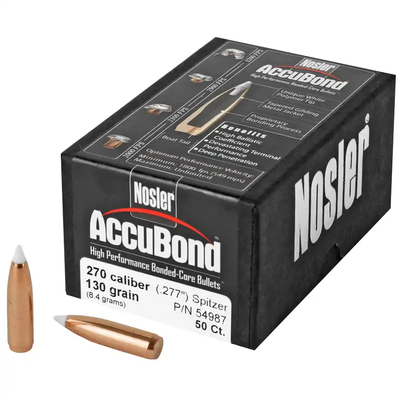 Nosler AccuBond .270 Cal (.277) 130 Grain Spitzer Boat Tail Bonded Bullets, 50 Count 54987