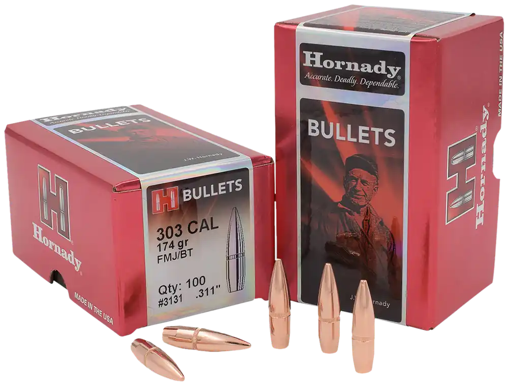 Hornady .303 Caliber 174 Grain Full Metal Jacket Boat Tail Rifle Bullets, 100 Count 3131