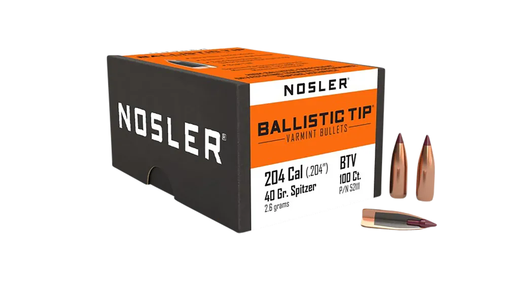 Nosler Ballistic Tip Varmint .204 Cal 40gr Spitzer Bullets 100 Count 52111
