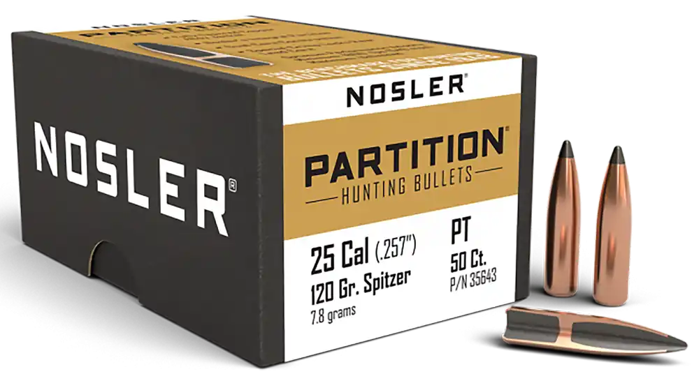 Nosler Partition .25 Caliber 120gr Spitzer Soft Point Reloading Bullets 50/Box 35643