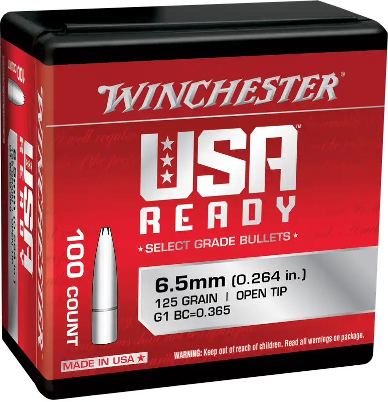 Winchester Ammo USA Ready 6.5mm 125gr Open Tip Reloading Bullets, 100/Box WBR65125