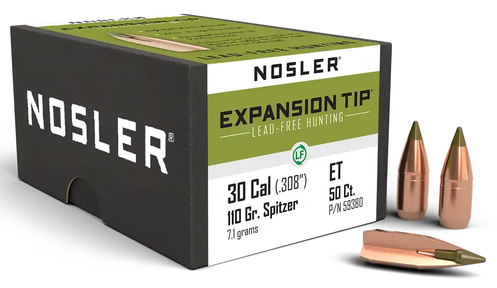 Nosler E-Tip Lead-Free .308 110gr Spitzer Hunting Bullets, 50 Count Reloading Projectiles 59380