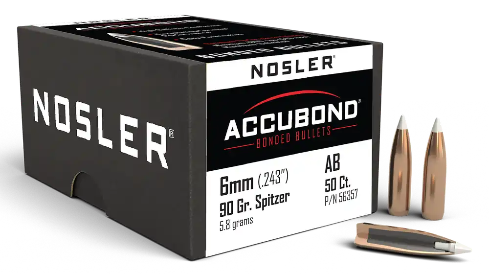Nosler AccuBond Bonded-Core Bullets 6mm 90 Grain Spitzer Point 50 Count 56357