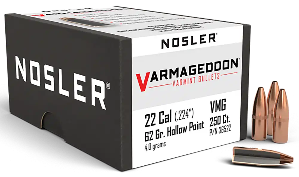 Nosler Varmageddon .22 Cal .224 62gr Flat Base Hollow Point Varmint Bullets, 250 Count 36522