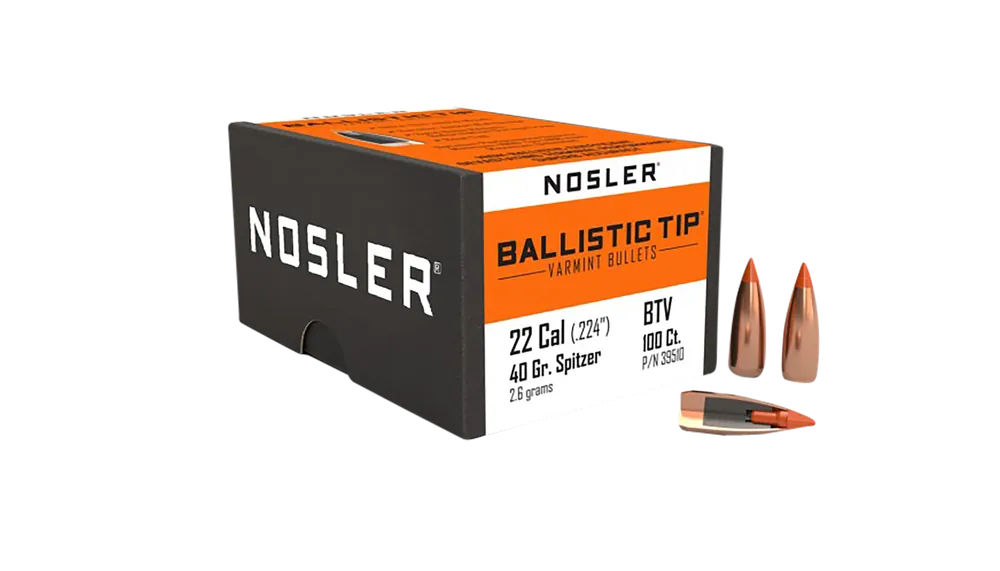 Nosler Ballistic Tip Varmint .22 Cal (.224) 40gr Spitzer Boat Tail Bullets, 100 Count 39510