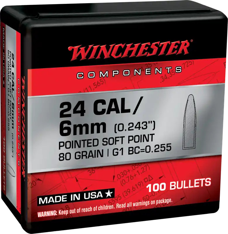 Winchester Ammo .243/6mm 80gr Pointed Soft Point Reloading Bullets 100ct (10/case) WB243SP80X
