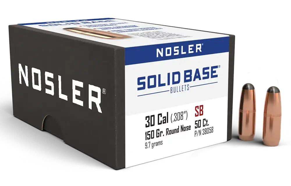 Nosler Solid Base .30 Caliber 150gr Round Nose Flat Base Bullets, 50 Count 38058
