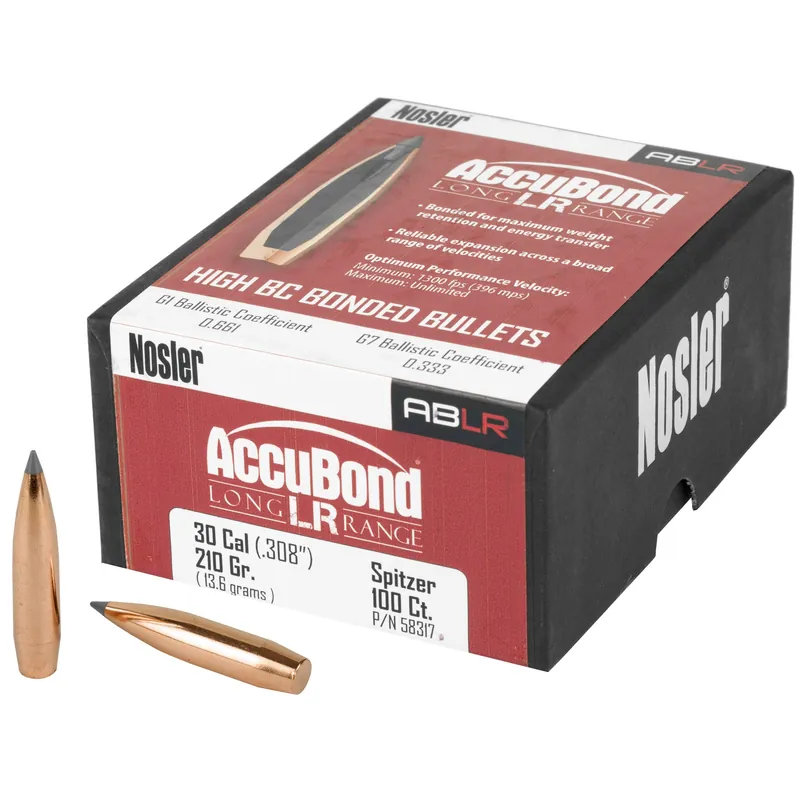 Nosler AccuBond Long Range .30 Cal 210gr Spitzer Boat Tail Hunting Bullets, 100 Count 58317
