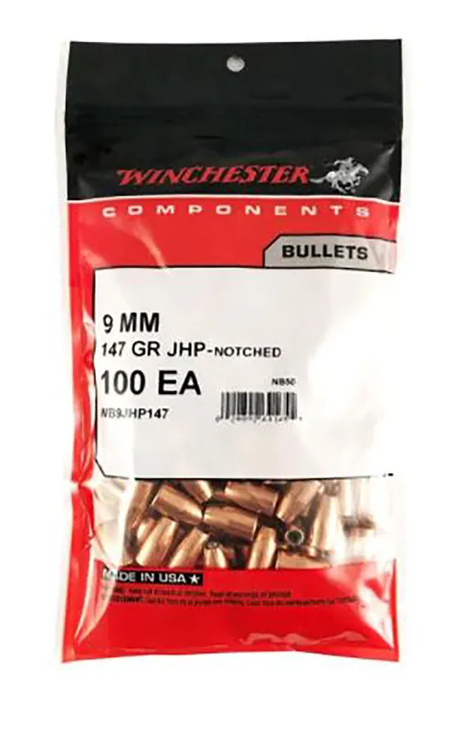 Winchester Ammo 9mm 147gr Jacketed Hollow Point Notched Reloading Bullets, 500 Count WB9JHP147D
