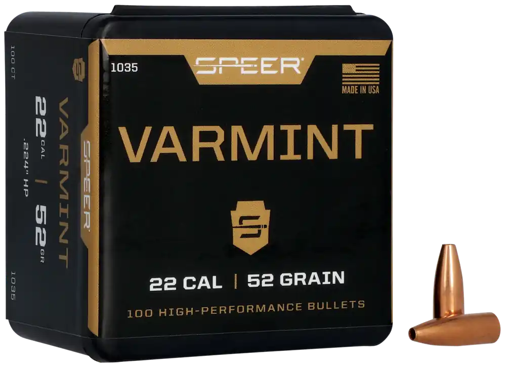 Speer Varmint .22 Cal .224 52gr Hollow Point Component Bullets, 100 Count Box (5/Case) 1035