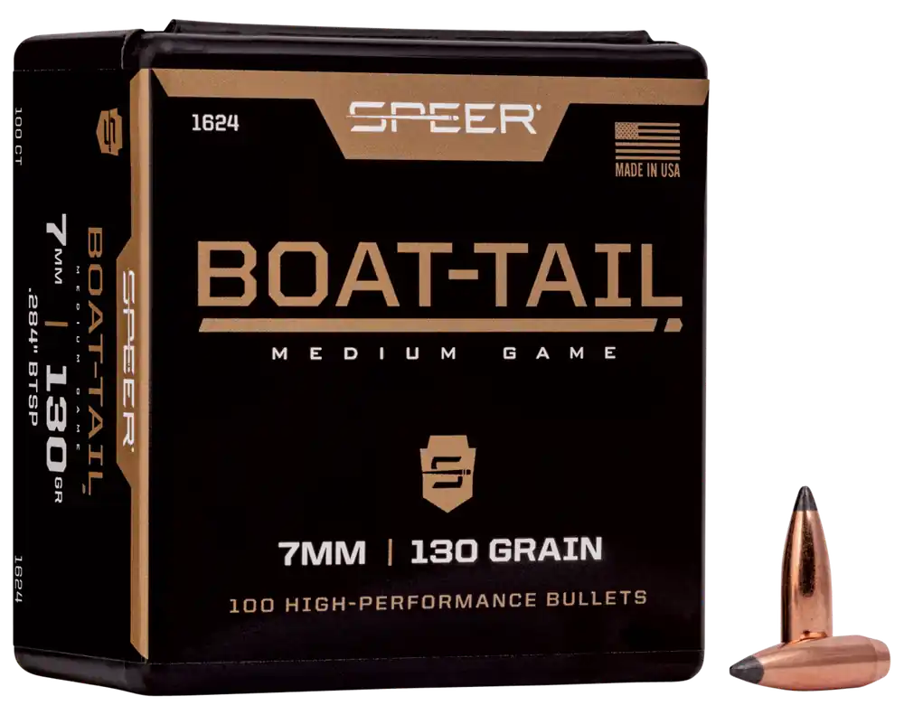 Speer Boat-Tail 7mm 130gr Jacketed Soft Point Boat Tail Reloading Bullets, 1624