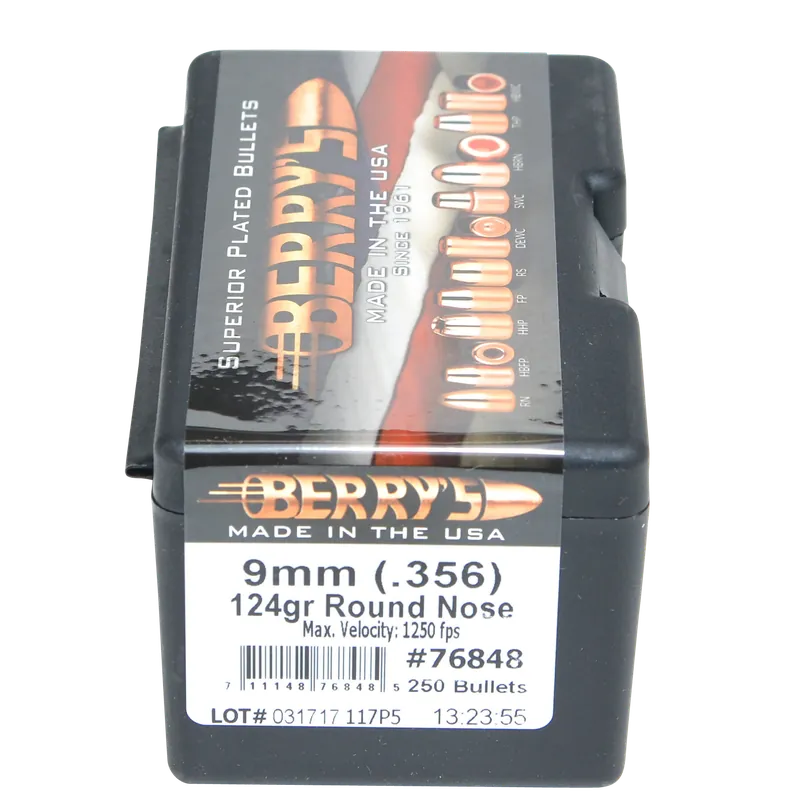 Berry‘s Superior Plated 9mm .356 124 Grain Round Nose Reloading Bullets 250/Box 76848
