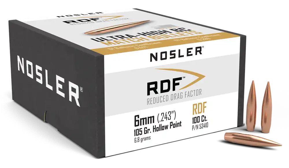 Nosler Reduced Drag Factor Match 6mm (.243) 105gr Hollow Point Boat Tail Bullets 100/Box 53410
