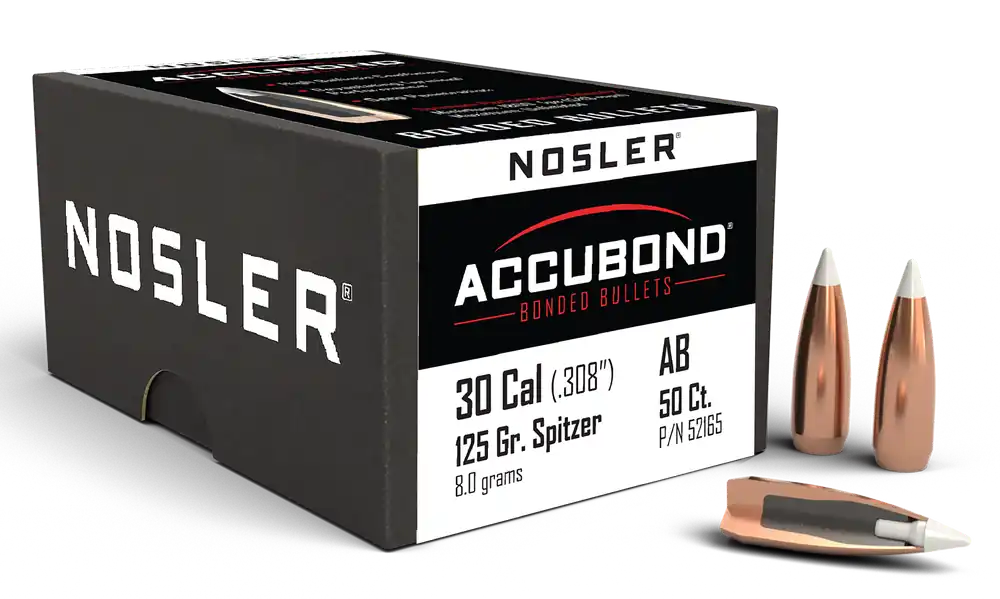 Nosler AccuBond .30 Cal (.308) 125gr Spitzer Boat Tail Bonded Bullets, 50/Box 52165