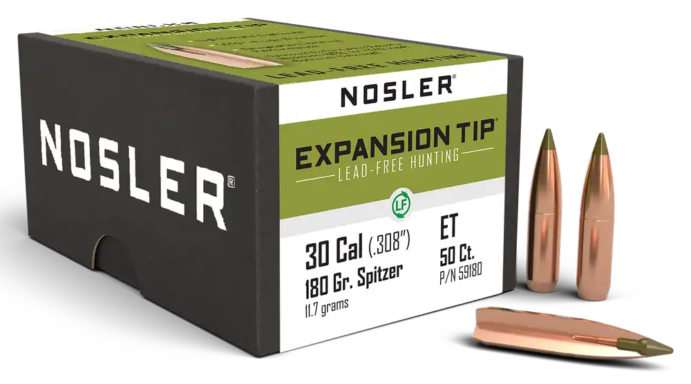 Nosler E-Tip Lead-Free .30 Cal (.308) 180gr Spitzer Rifle Reloading Bullets, 50/Box 59180