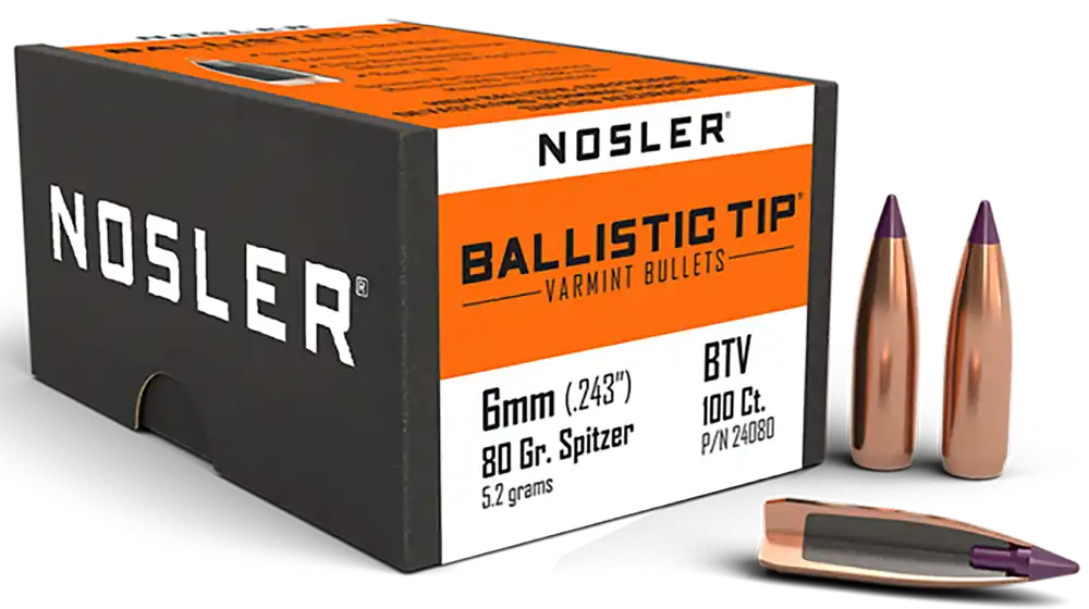 Nosler Ballistic Tip Varmint 6mm 80 Grain Spitzer Polymer-Tip Reloading Bullets, 100ct 24080