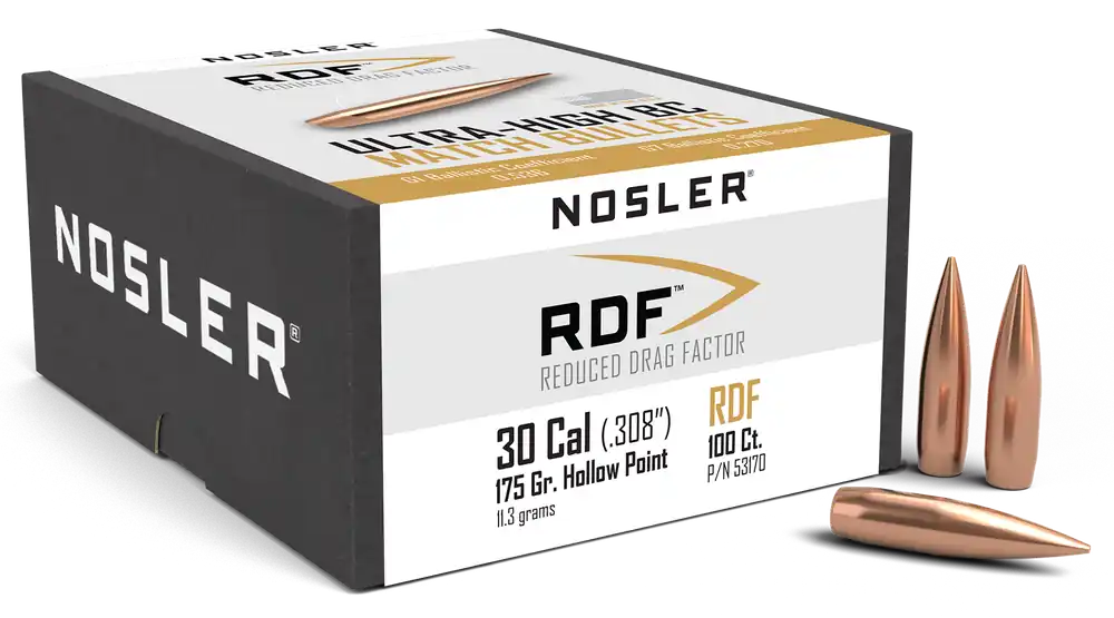 Nosler RDF Match .30 Cal 175gr Hollow Point Boat Tail Reloading Bullets 100/Box 53170