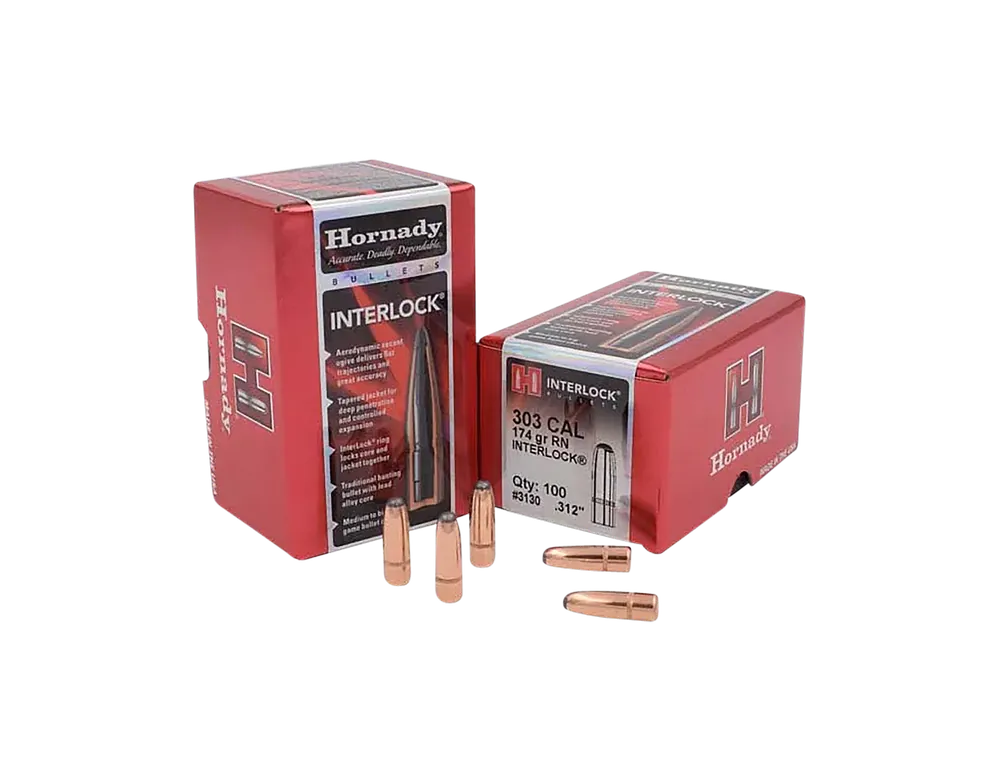 Hornady InterLock .303/.312 Cal 174 Grain Round Nose Rifle Bullets, 100 Count Box 3130