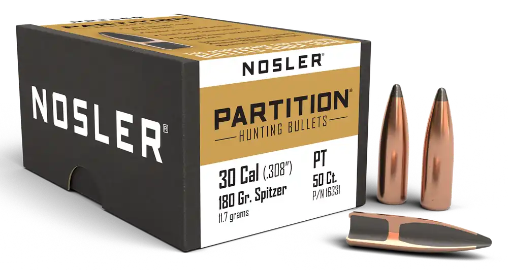 Nosler Partition .30 Caliber (.308) 180 Grain Spitzer Reloading Bullets, 50/Box 16331