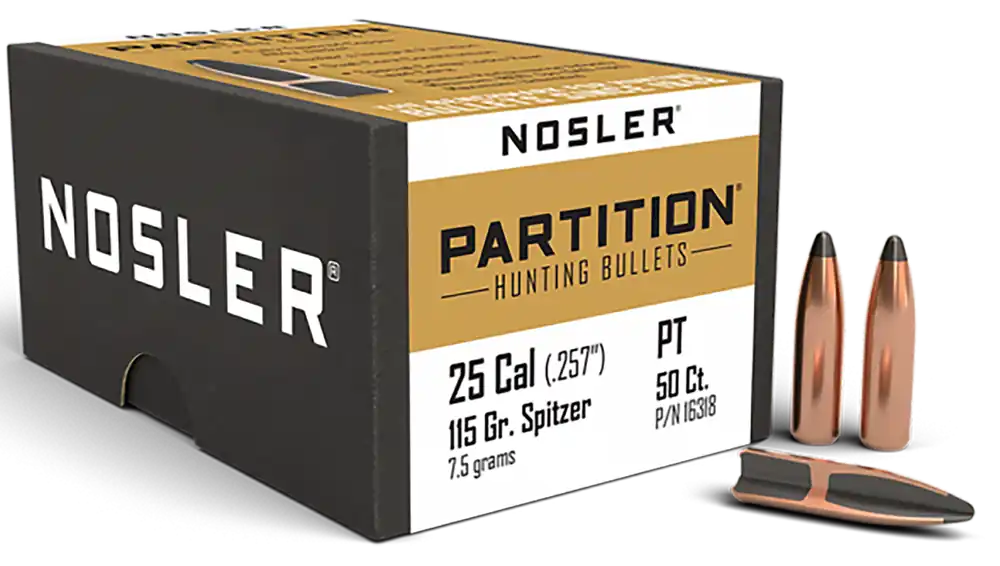 Nosler Partition .25 Caliber (.257) 115 Grain Spitzer Soft Point Reloading Bullets, 50 Count 16318