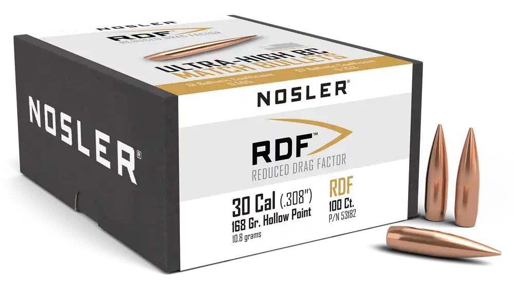 Nosler RDF Match .30 Cal 168gr Hollow Point Boat Tail Rifle Bullets, 100-Count 53182