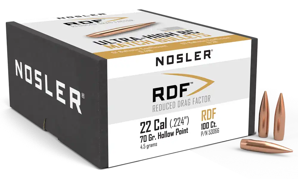 Nosler Reduced Drag Factor RDF Match .224 22 Cal 70gr Hollow Point Boat Tail Bullets, 100ct 53066