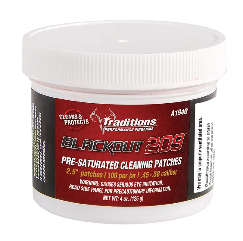 Traditions BlackOut 209 Pre-Saturated Muzzleloader Cleaning Patches 2.5in Cotton 100/Jar A1940